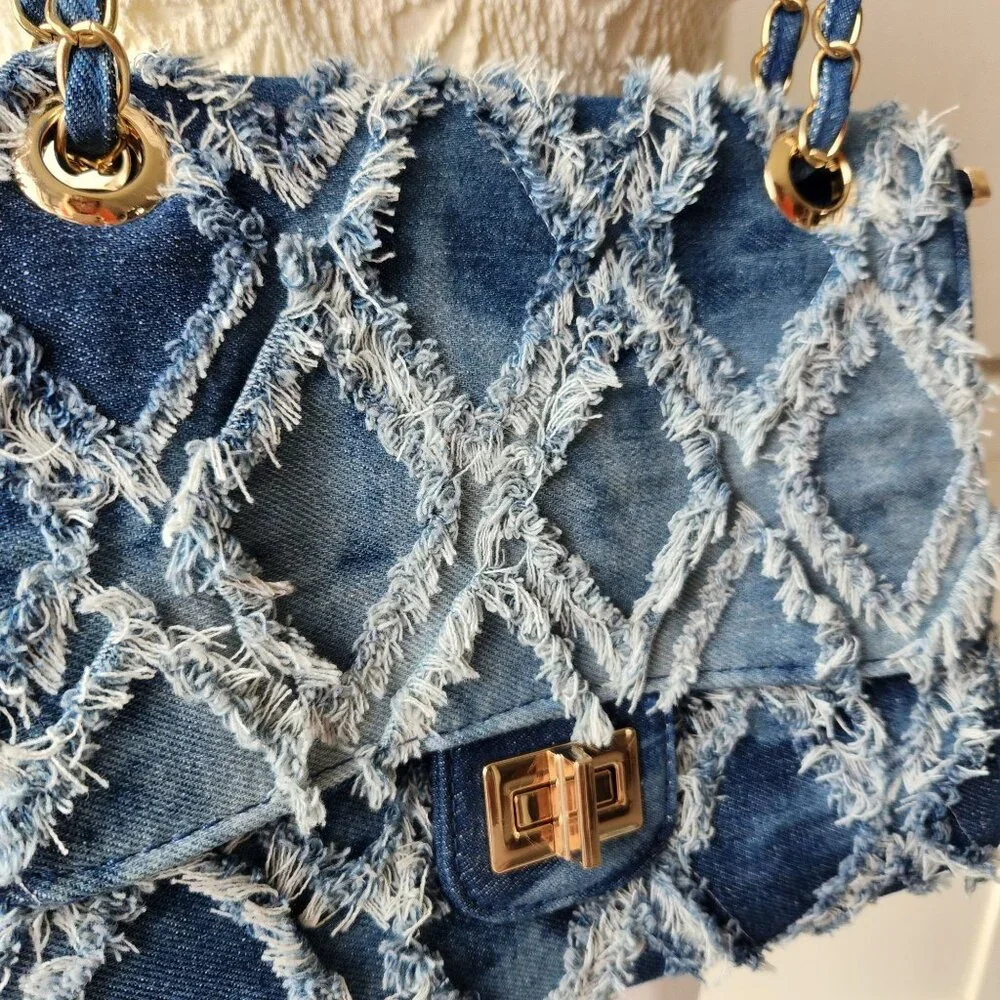 M. Marco MKP Quilted Distressed Denim Jean Handbag Crossbody Gold Chain Y2K 90s - Picture 4 of 12